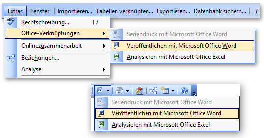 Exportmöglichkeiten über Menü- und Symbolleiste in Access 2003