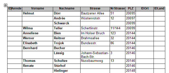 Die nach Word transferierte Abfrage qryStammdaten