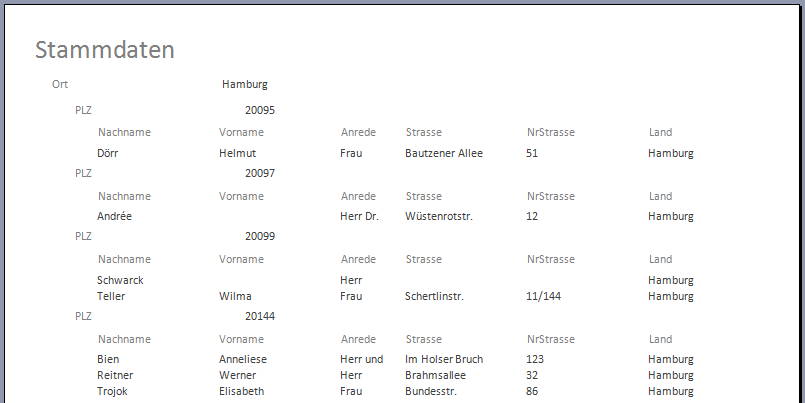 Der nach Word exportierte Bericht rptStammdaten