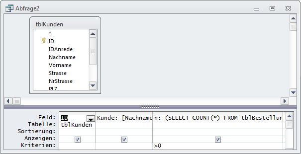 Auch hier zeigen sich nur Kunden mit Bestellungen, jedoch mit Unterabfrage
