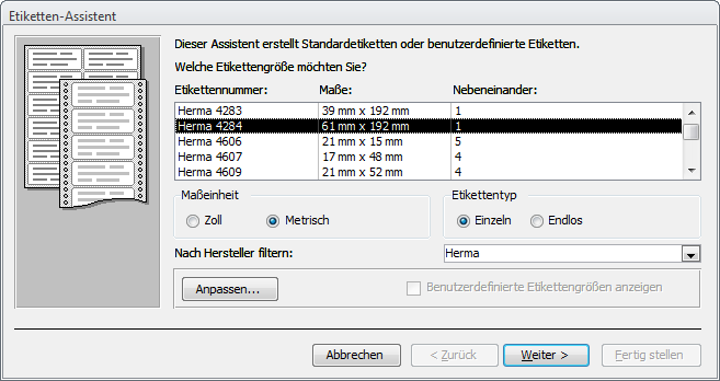 Auswahl eines Etikettenprodukts im Assistenten