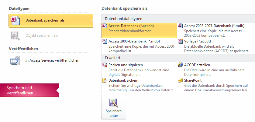 Backstage-Ansicht unter Access 2010, Rubrik Speichern und Veröffentlichen