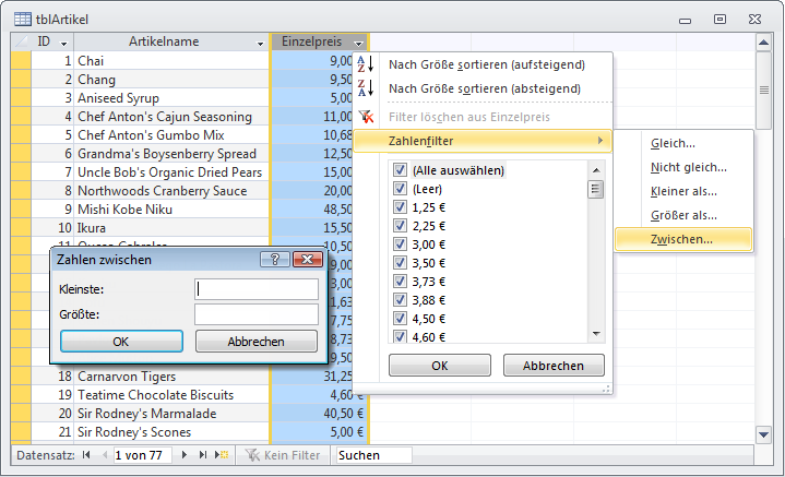 Menü und Dialog für das Filtern nach Wertebereich in einem Datenblatt