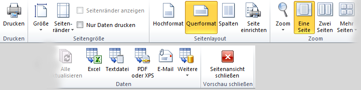 Ribbon bei Seitenansicht eines Berichts in Access 2010