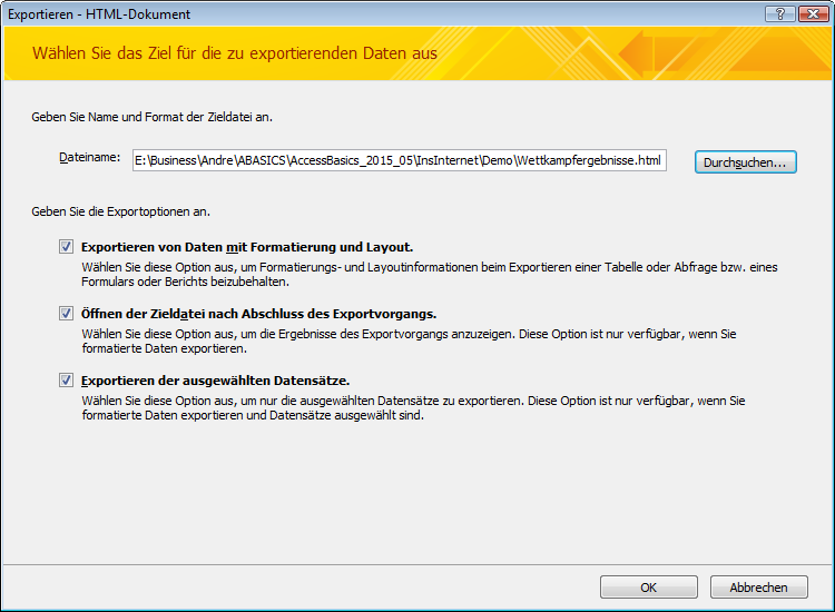 HTML-Exportdialog über den Access-eigenen Assistenten auf die Abfrage Wettkampfergebnisse