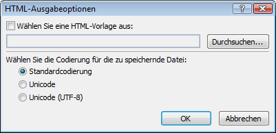 Der Export-Assistent fragt nach Vorlage und Textkodierung