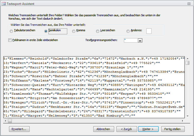 Einstellungenseite des Assistenten für den Textexport