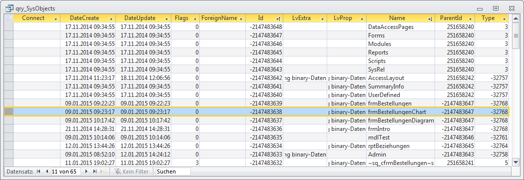 Datenblattansicht der Systemtabelle MSysObjects; einige irrelevante Spalten sind ausgeblendet