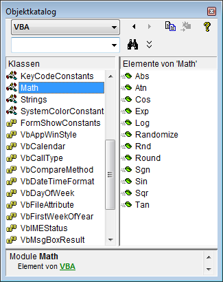 Die VBA-Klasse Math im Objektkatalog