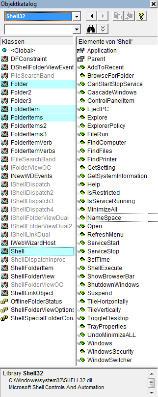 Die Shell32-Bibliothek, im VBA-Objektkatalog dargestellt