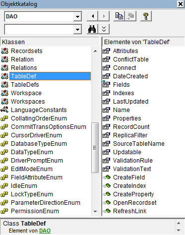 Die Klasse DAO.TableDef im VBA-Objektkatalog