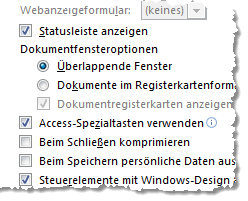 Spezialtasten in den Optionen der Datenbank ein- und ausschalten