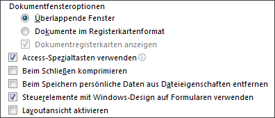 Formulareinstellungen in den Optionen der Datenbank