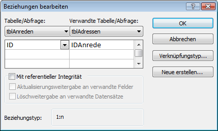 Einstellungen der Beziehung zur Tabelle tblAnreden