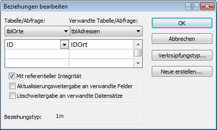 Einstellungen für die Beziehung zur Tabelle tblOrte
