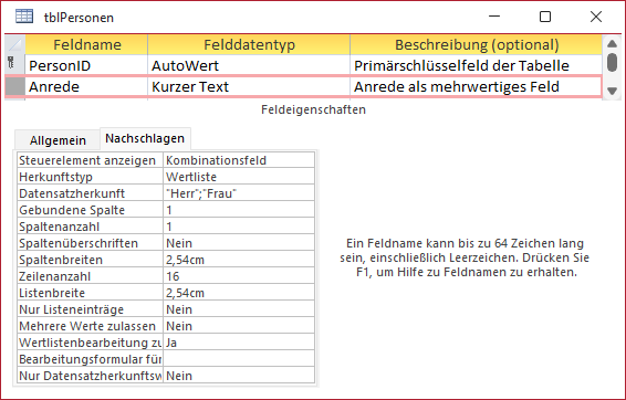 Entwurf des Feldes Anrede