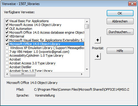 Der Verweise-Dialog für die Bibliotheken von VBA