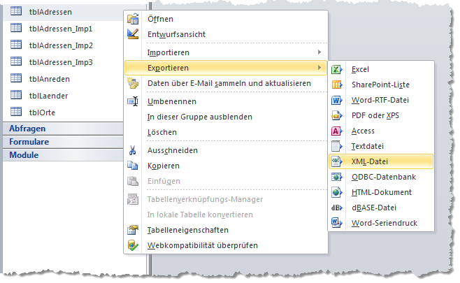 Exportieren einer Tabelle über das Kontextmenü im Navigationsbereich