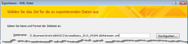 Ausschnitt des Access-Dialogs zum Export eines Objekts in eine XML-Datei