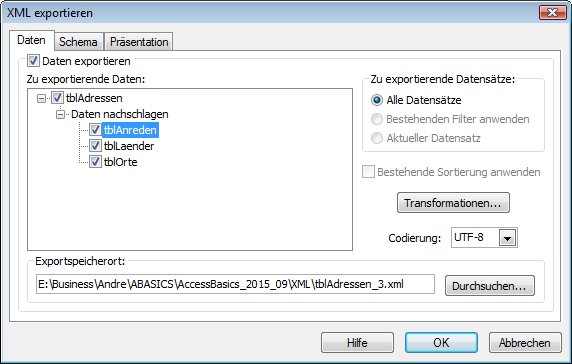 Erweiterte XML-Export-Optionen, erste Registerseite