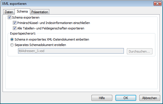 Erweiterte XML-Export-Optionen, zweite Registerseite