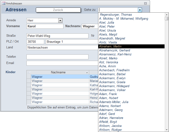 Sprung zu anderen Datensätzen im Adressformular über Kombinationsfeld