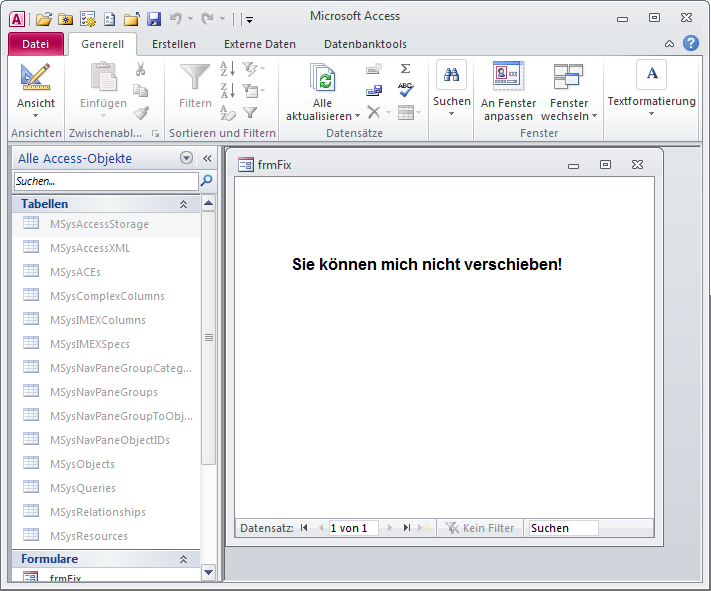 Am fixierten Modus des Formulars ändert sich auch bei eingeblendetem Ribbon und Navigationsbereich nichts