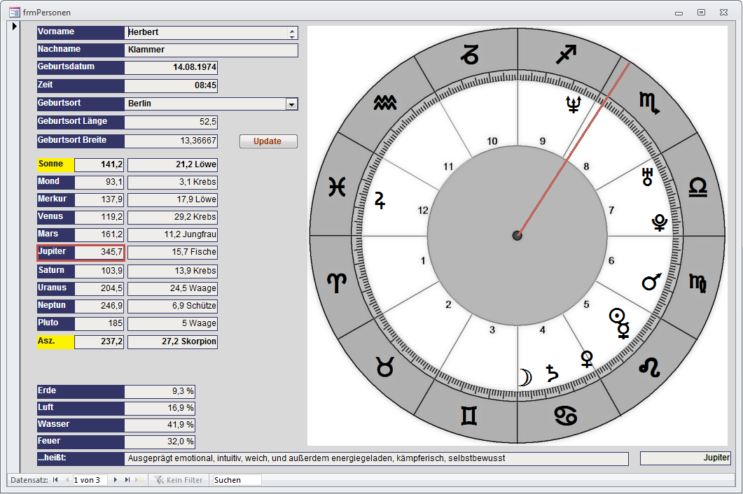 Das Formular frmHoroskope erstellt echte Geburtshoroskope unter Zuhilfenahme einer speziellen DLL