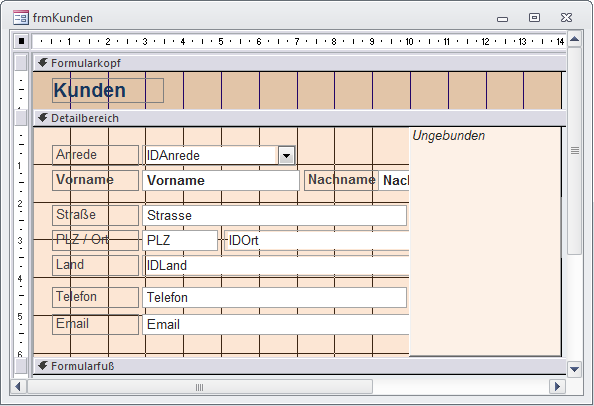 Entwurfsansicht des Formulars frmKunden mit Listbox rechts im Vordergrund