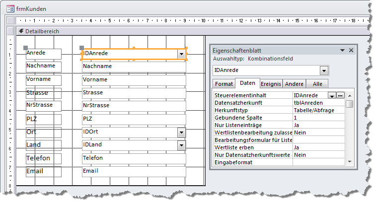Das Kundenformular enthält drei Kombinationsfelder, deren Datenherkunft auf den entsprechenden Detailtabellen basiert
