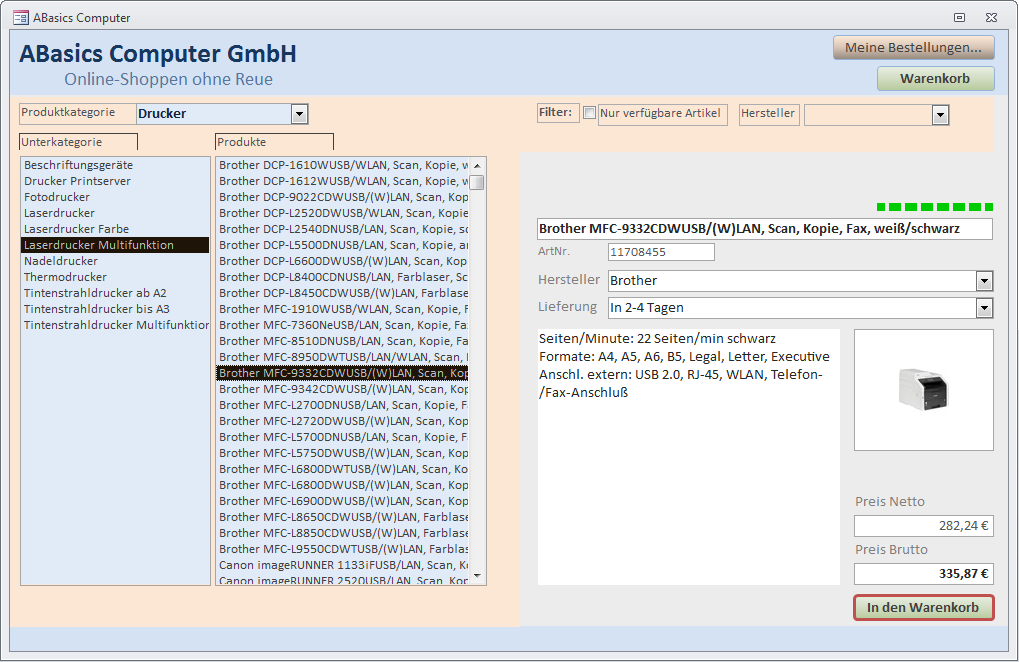 So präsentiert sich der Webshop nach dem Start des Formulars frmShop mit eingestellten Kategorien und einem Produkt