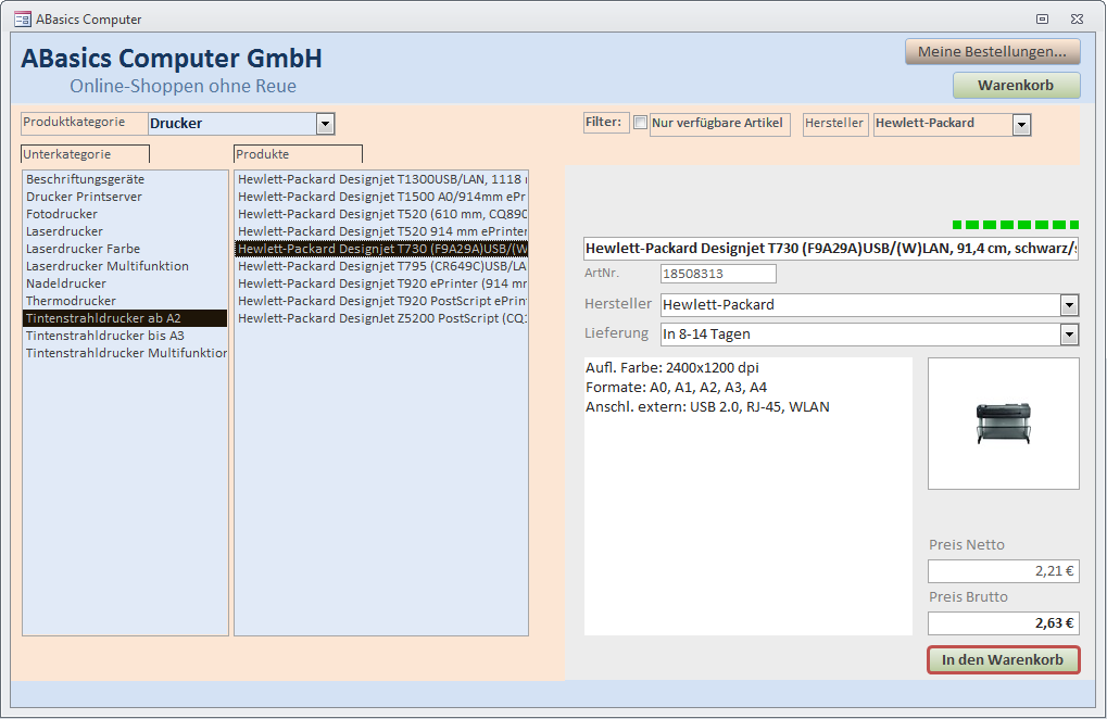 So präsentiert sich der Webshop nach dem Start des Formulars frmShop mit eingestellten Kategorien und einem Produkt