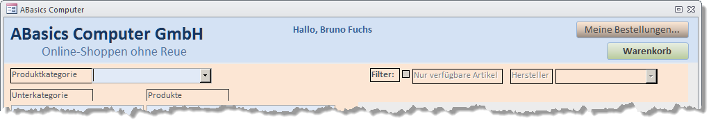 Im Kopf des Shop-Forumlar frmShop blendet sich eine Begrüßungformel mit dem Namen des Kunden ein
