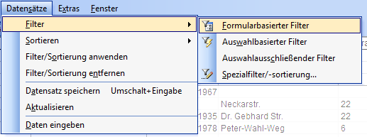 Der Menübereich zum Filtern und Sortieren (Access 2003)