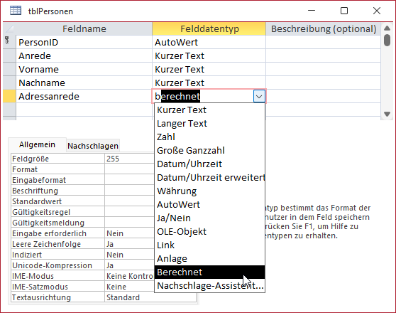 Anlegen eines berechneten Feldes