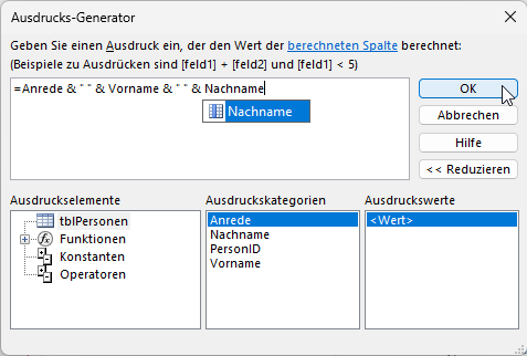 Definieren des Ausdrucks für das berechnete Feld