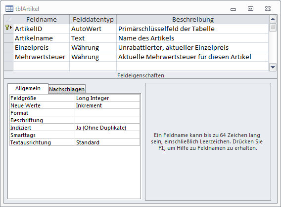Entwurf der Tabelle tblArtikel