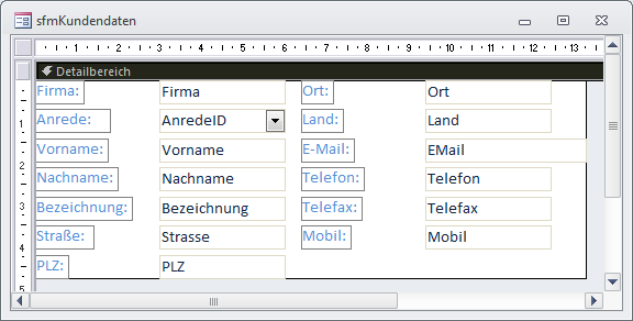 Unterformular zur Anzeige der Kundendaten