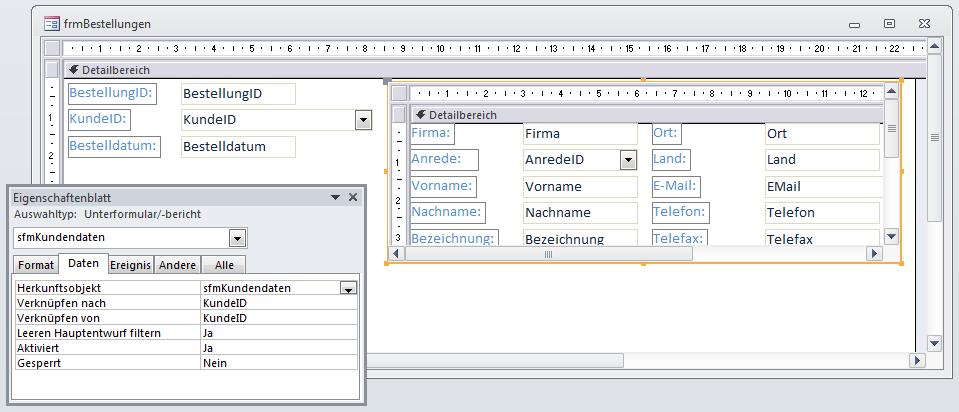 Herstellen der Verknüpfung zwischen Haupt- und Unterformular