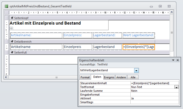 Hinzufügen eines Feldes zur Berechnung des Wertes der Artikel im Lager