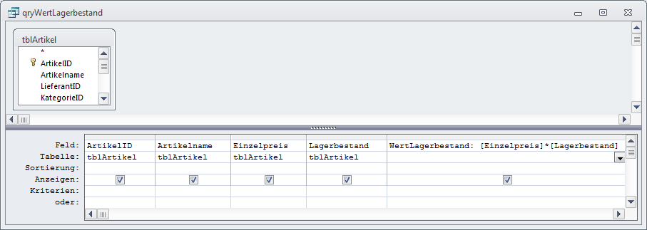 Abfrage zur Berechnung des Werts des Lagerbestands je Artikel