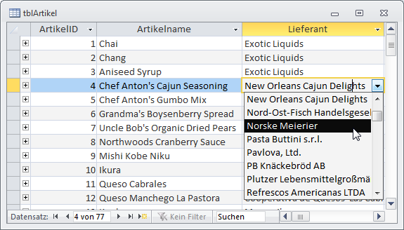 Diese Daten reichen, um Artikel nach Lieferant gruppiert darzustellen.