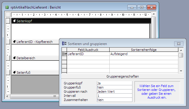 Der Dialog zum Anlegen und Anpassen von Gruppierungen unter Access 2003 und älter