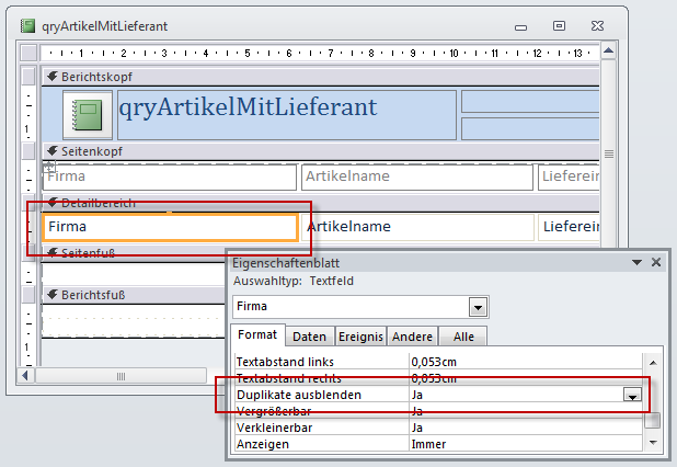 Einstellen der Eigenschaft Duplikate ausblenden auf den Wert Ja