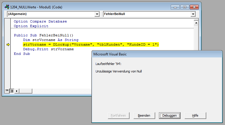 Fehler beim Versuch, einer String-Variablen einen NULL-Wert zuzuweisen