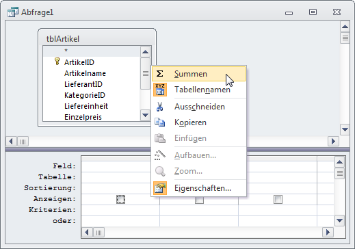 Einblenden der Zeile zum Festlegen der Gruppierungseigenschaften