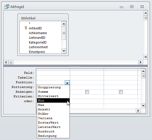 Auswählen einer Gruppierungsfunktion