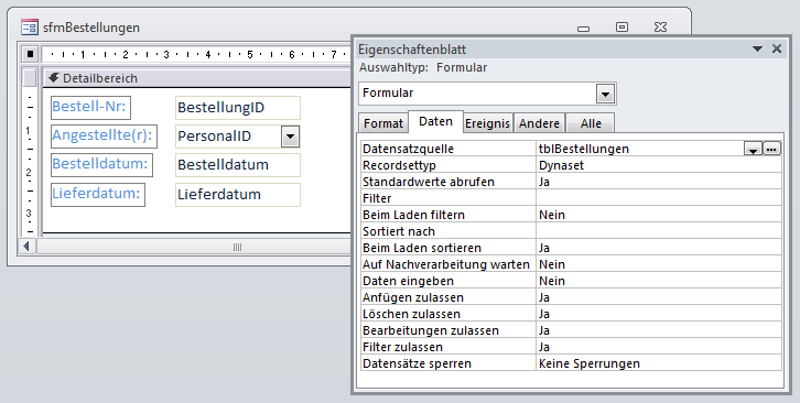 Das erste Unterformular zeigt die Daten der Tabelle tblBestellungen an.