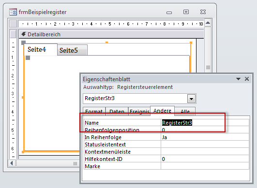 Einstellen des Namens des Registersteuerelements