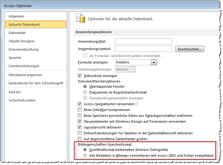 Einstellen des Speicherformats für Bilder